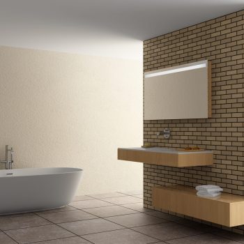 modern bathroom with brick wall